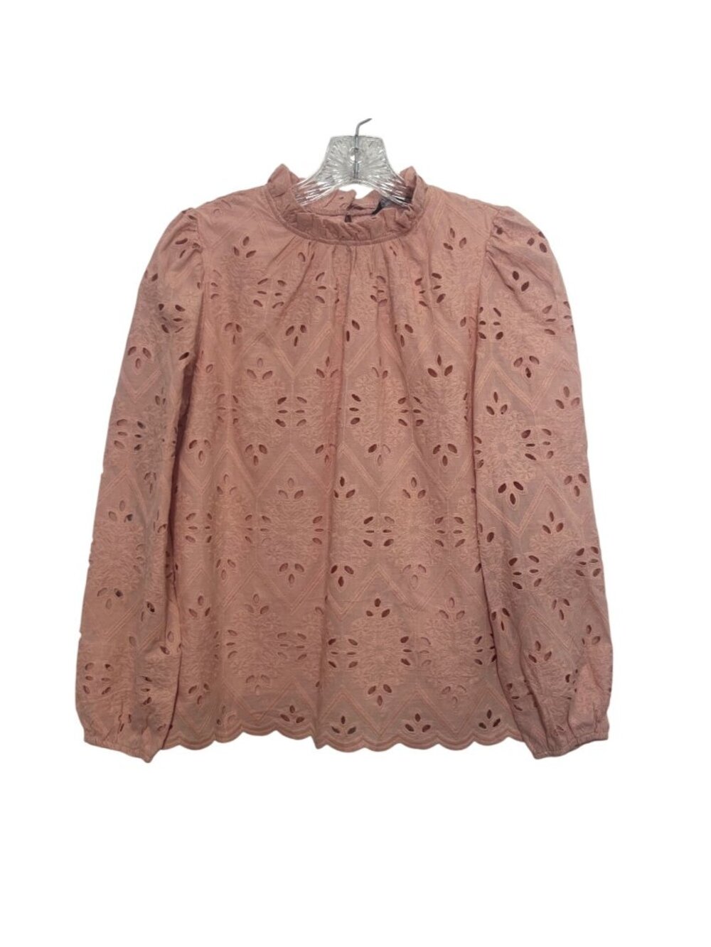 Prettygarden Womens Pink Eyelet Lace Long Sleeve Blouse Ruffle Collar Scalloped‎
